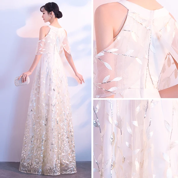 Chic / Belle Champagne Robe De Soirée 2018 Princesse Bustier 1/2 Manches Glitter Paillettes Longue Volants Robe De Ceremonie