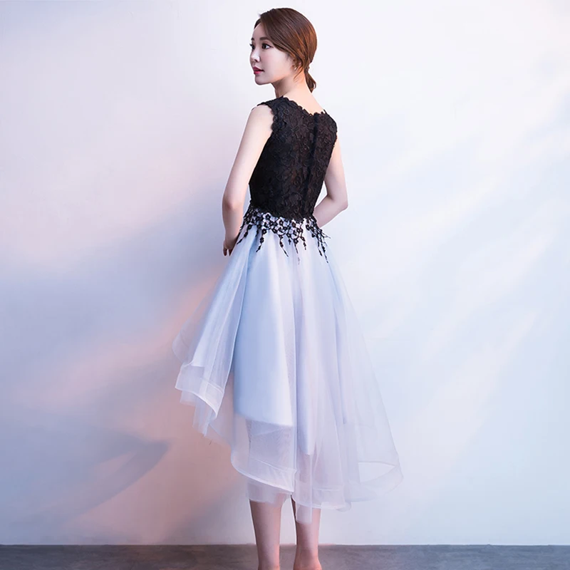 Chic Beautiful Black Grey Homecoming Graduation Dresses 2018 A Line Princess Scoop Neck Sleeveless Appliques Lace Asymmetrical Ruffle Formal Dresses Chic Beautiful Black Grey Homecoming Graduation Dresses 2018 A Line Princess Scoop Neck Sleeveless Appliques Lace Asymmetrical Ruffle Formal Dresses