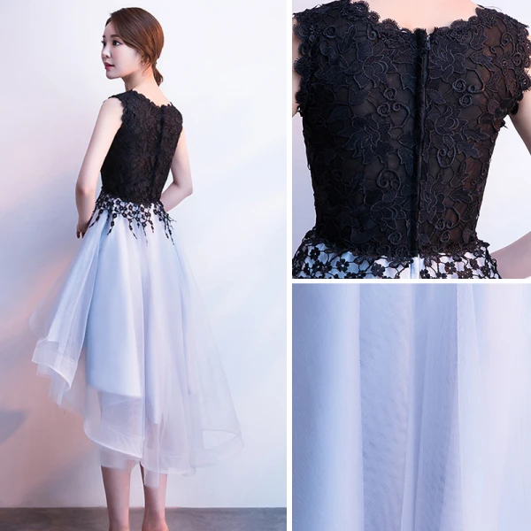 Chic / Beautiful Black Grey Homecoming Graduation Dresses 2018 A-Line / Princess Scoop Neck Sleeveless Appliques Lace Asymmetrical Ruffle Formal Dresses