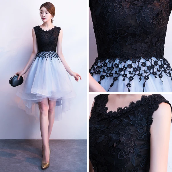 Chic / Beautiful Black Grey Homecoming Graduation Dresses 2018 A-Line / Princess Scoop Neck Sleeveless Appliques Lace Asymmetrical Ruffle Formal Dresses