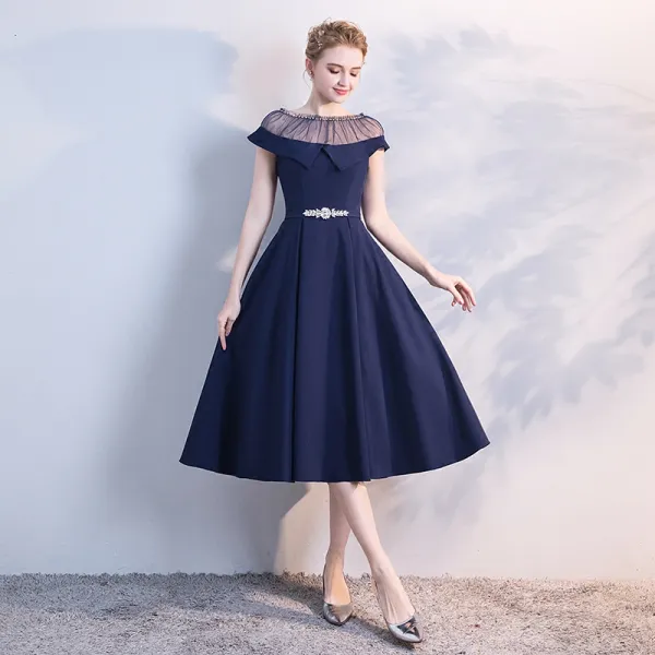 Chic / Beautiful Navy Blue See-through Evening Dresses  2018 A-Line / Princess Scoop Neck Short Sleeve Rhinestone Sash Tea-length Ruffle Formal Dresses