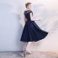 Chic / Belle Bleu Marine Transparentes Robe De Soirée 2018 Princesse Encolure Dégagée Manches Courtes Faux Diamant Ceinture Thé Longueur Volants Robe De Ceremonie