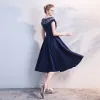 Chic / Beautiful Navy Blue See-through Evening Dresses  2018 A-Line / Princess Scoop Neck Short Sleeve Rhinestone Sash Tea-length Ruffle Formal Dresses