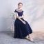 Chic / Belle Bleu Marine Transparentes Robe De Soirée 2018 Princesse Encolure Dégagée Manches Courtes Faux Diamant Ceinture Thé Longueur Volants Robe De Ceremonie