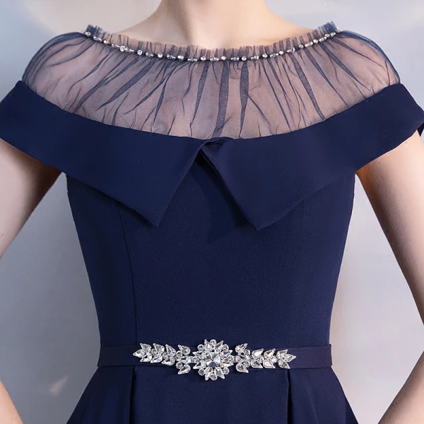 Chic / Belle Bleu Marine Transparentes Robe De Soirée 2018 Princesse Encolure Dégagée Manches Courtes Faux Diamant Ceinture Thé Longueur Volants Robe De Ceremonie