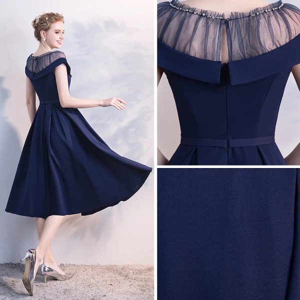 Chic / Belle Bleu Marine Transparentes Robe De Soirée 2018 Princesse Encolure Dégagée Manches Courtes Faux Diamant Ceinture Thé Longueur Volants Robe De Ceremonie