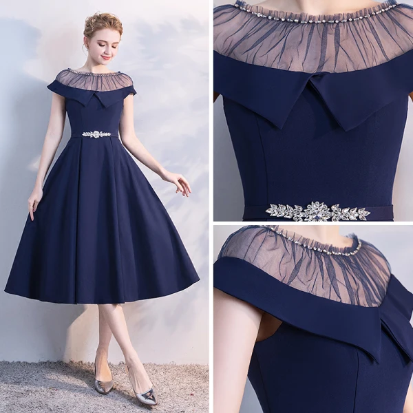 Chic / Belle Bleu Marine Transparentes Robe De Soirée 2018 Princesse Encolure Dégagée Manches Courtes Faux Diamant Ceinture Thé Longueur Volants Robe De Ceremonie