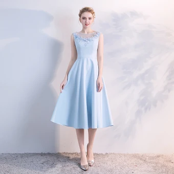 Elegant Sky Blue See Through Homecoming Graduation Dresses 2018 A Line Princess Scoop Neck Sleeveless Appliques Lace Pearl Tea Length Ruffle Backless