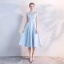 Elegant Sky Blue See-through Homecoming Graduation Dresses 2018 A-Line / Princess Scoop Neck Sleeveless Appliques Lace Pearl Tea-length Ruffle Backless