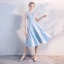 Elegant Sky Blue See-through Homecoming Graduation Dresses 2018 A-Line / Princess Scoop Neck Sleeveless Appliques Lace Pearl Tea-length Ruffle Backless