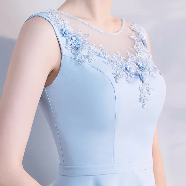 Elegant Sky Blue See-through Homecoming Graduation Dresses 2018 A-Line / Princess Scoop Neck Sleeveless Appliques Lace Pearl Tea-length Ruffle Backless