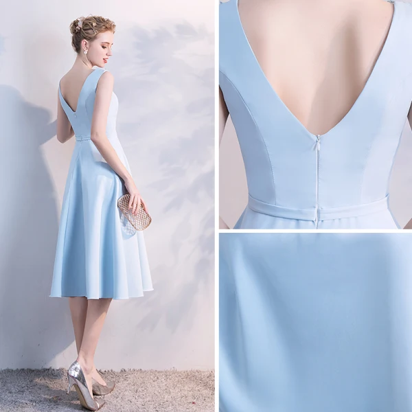 Elegant Sky Blue See-through Homecoming Graduation Dresses 2018 A-Line / Princess Scoop Neck Sleeveless Appliques Lace Pearl Tea-length Ruffle Backless
