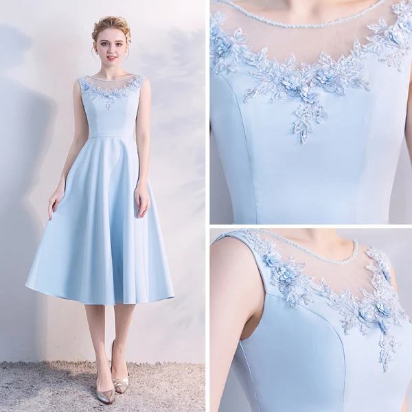 Elegant Sky Blue See-through Homecoming Graduation Dresses 2018 A-Line / Princess Scoop Neck Sleeveless Appliques Lace Pearl Tea-length Ruffle Backless