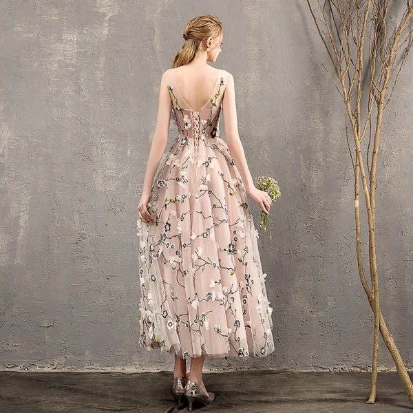Flower Fairy Pearl Pink Prom Dresses 2018 A-Line / Princess See-through Scoop Neck Sleeveless Appliques Flower Tea-length Ruffle Backless Formal Dresses