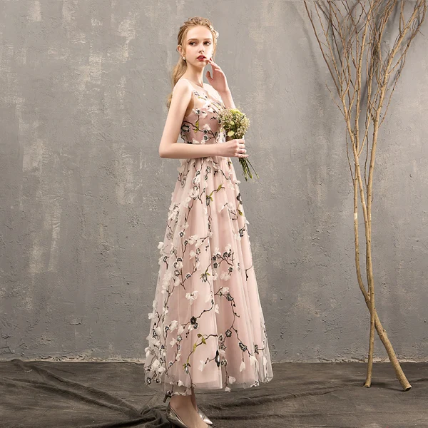 Flower Fairy Pearl Pink Prom Dresses 2018 A-Line / Princess See-through Scoop Neck Sleeveless Appliques Flower Tea-length Ruffle Backless Formal Dresses