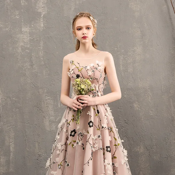 Flower Fairy Pearl Pink Prom Dresses 2018 A-Line / Princess See-through Scoop Neck Sleeveless Appliques Flower Tea-length Ruffle Backless Formal Dresses