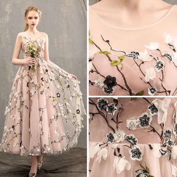 Flower Fairy Pearl Pink Prom Dresses 2018 A-Line / Princess See-through Scoop Neck Sleeveless Appliques Flower Tea-length Ruffle Backless Formal Dresses
