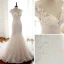 Elegant Champagne See-through Wedding Dresses 2018 Trumpet / Mermaid Scoop Neck Cap Sleeves Appliques Lace Pearl Beading Court Train Ruffle