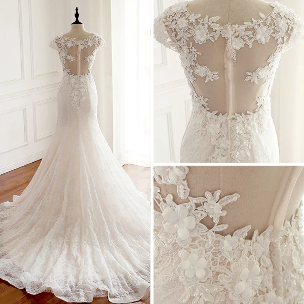 Elegant Champagne See-through Wedding Dresses 2018 Trumpet / Mermaid Scoop Neck Cap Sleeves Appliques Lace Pearl Beading Court Train Ruffle