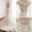 Elegant Champagne See-through Wedding Dresses 2018 Trumpet / Mermaid Scoop Neck Cap Sleeves Appliques Lace Pearl Beading Court Train Ruffle