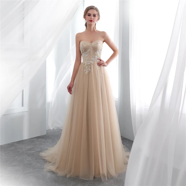 Elegant Champagne Selskapskjoler 2018 Empire Kjæreste Uten Ermer Appliques Blonder Feie Tog Buste Ryggløse Formelle Kjoler