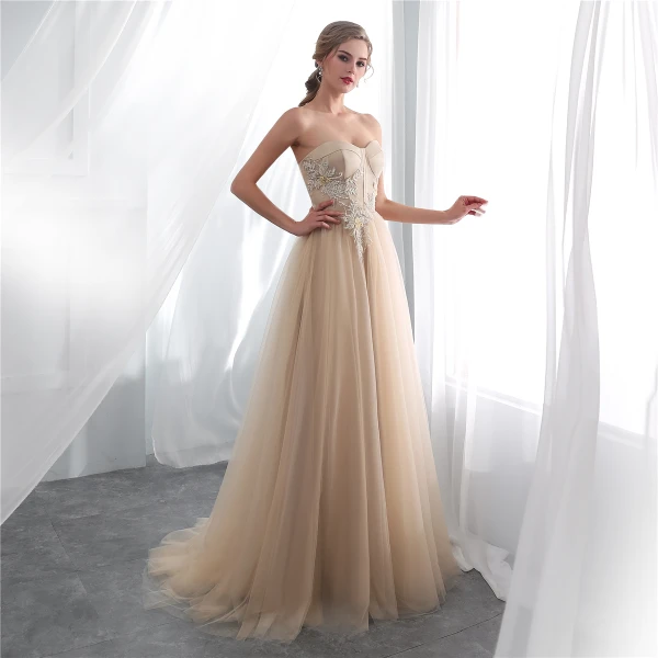 Elegant Champagne Selskapskjoler 2018 Empire Kjæreste Uten Ermer Appliques Blonder Feie Tog Buste Ryggløse Formelle Kjoler