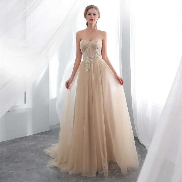 Elegant Champagne Selskapskjoler 2018 Empire Kjæreste Uten Ermer Appliques Blonder Feie Tog Buste Ryggløse Formelle Kjoler