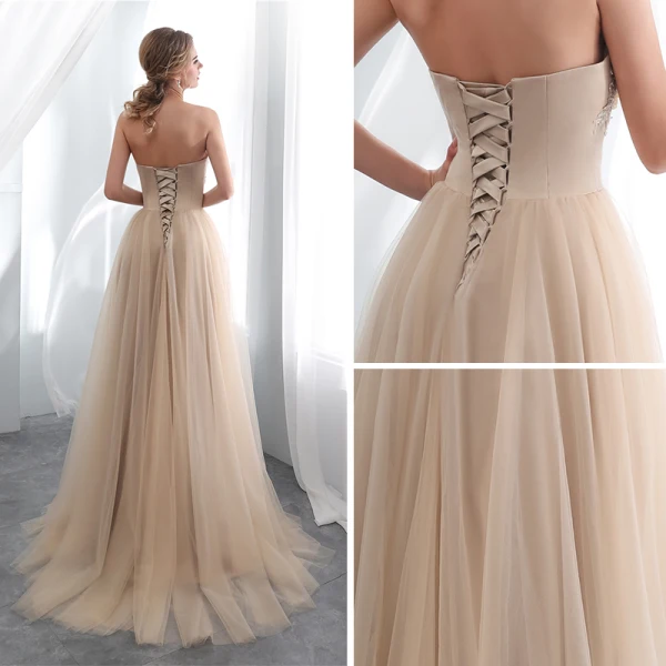 Elegant Champagne Selskapskjoler 2018 Empire Kjæreste Uten Ermer Appliques Blonder Feie Tog Buste Ryggløse Formelle Kjoler
