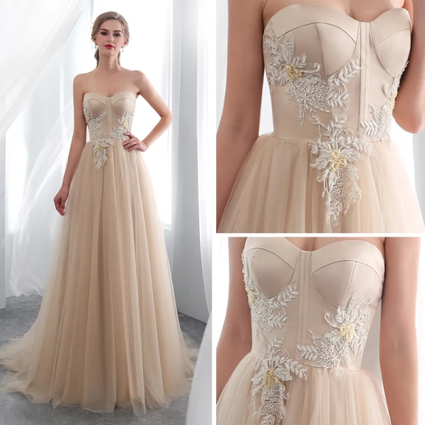 Elegant Champagne Selskapskjoler 2018 Empire Kjæreste Uten Ermer Appliques Blonder Feie Tog Buste Ryggløse Formelle Kjoler
