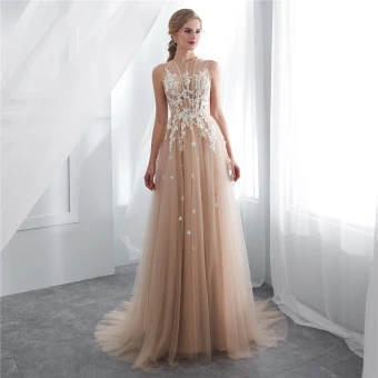 Illusion Champagne Transparentes Robe De Soirée 2018 Princesse Encolure Dégagée Sans Manches Appliques En Dentelle Train De Balayage Volants Robe De Ceremonie