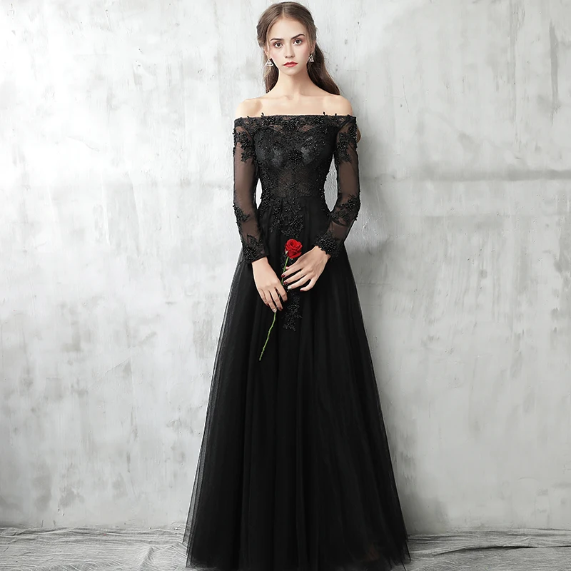 Chic Beautiful Black Evening Dresses 2017 A Line Princess Off The Shoulder  Long Sleeve Appliques Lace Pearl Floor Length Long Pierced Backless Formal  Dresses