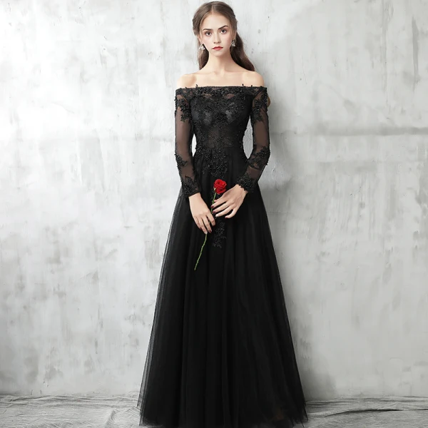 Chic / Beautiful Black Evening Dresses 2017 A-Line / Princess Off-The-Shoulder Long Sleeve Appliques Lace Pearl Floor-Length / Long Pierced Backless Chic / Beautiful Black Evening Dresses 2017 A-Line / Princess Off-The-Shoulder Long Sleeve Appliques Lace Pearl Floor-Length / Long Pierced Backless