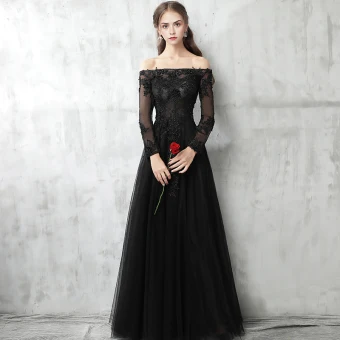Chic Beautiful Black Evening Dresses 2017 A Line Princess Off The Shoulder Long Sleeve Appliques Lace Pearl Floor Length Long Pierced Backless Formal Dresses