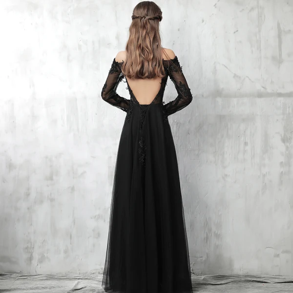 Chic / Beautiful Black Evening Dresses 2017 A-Line / Princess Off-The-Shoulder Long Sleeve Appliques Lace Pearl Floor-Length / Long Pierced Backless