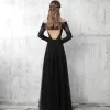 Chic / Beautiful Black Evening Dresses  2017 A-Line / Princess Off-The-Shoulder Long Sleeve Appliques Lace Pearl Floor-Length / Long Pierced Backless Formal Dresses