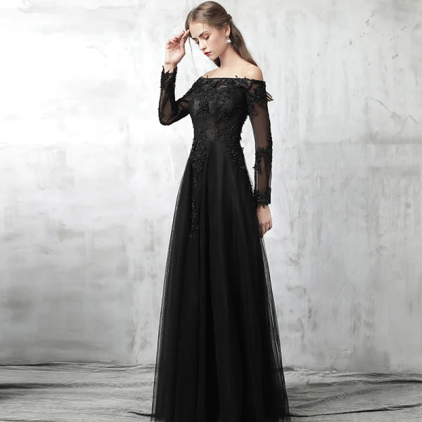 Chic / Beautiful Black Evening Dresses 2017 A-Line / Princess Off-The-Shoulder Long Sleeve Appliques Lace Pearl Floor-Length / Long Pierced Backless Formal Dresses