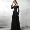 Chic / Beautiful Black Evening Dresses  2017 A-Line / Princess Off-The-Shoulder Long Sleeve Appliques Lace Pearl Floor-Length / Long Pierced Backless Formal Dresses