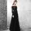 Chic / Beautiful Black Evening Dresses  2017 A-Line / Princess Off-The-Shoulder Long Sleeve Appliques Lace Pearl Floor-Length / Long Pierced Backless Formal Dresses