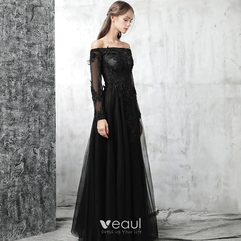 Chic / Beautiful Black Evening Dresses 2017 A-Line / Princess Off-The-Shoulder Long Sleeve Appliques Lace Pearl Floor-Length / Long Pierced Backless Chic / Beautiful Black Evening Dresses 2017 A-Line / Princess Off-The-Shoulder Long Sleeve Appliques Lace Pearl Floor-Length / Long Pierced Backless
