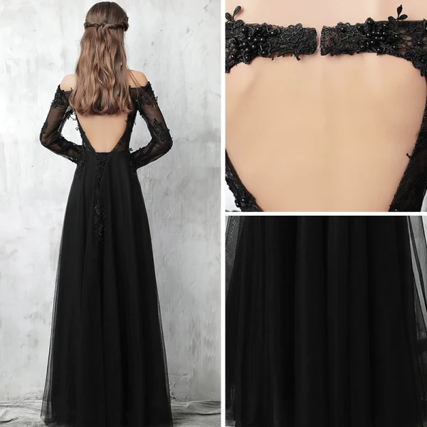 Chic / Beautiful Black Evening Dresses 2017 A-Line / Princess Off-The-Shoulder Long Sleeve Appliques Lace Pearl Floor-Length / Long Pierced Backless