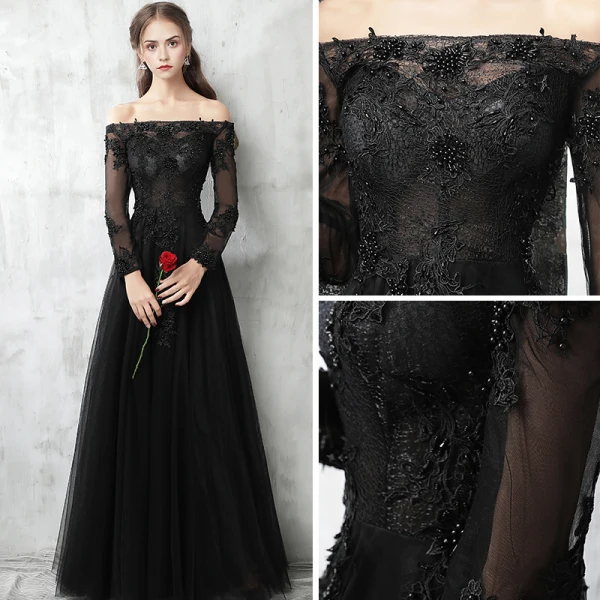 Chic / Beautiful Black Evening Dresses 2017 A-Line / Princess Off-The-Shoulder Long Sleeve Appliques Lace Pearl Floor-Length / Long Pierced Backless Formal Dresses
