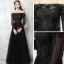 Chic / Beautiful Black Evening Dresses  2017 A-Line / Princess Off-The-Shoulder Long Sleeve Appliques Lace Pearl Floor-Length / Long Pierced Backless Formal Dresses
