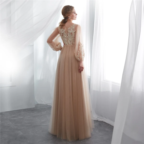 Élégant Champagne Transparentes Robe De Soirée 2018 Princesse Encolure Carrée Manches Longues Appliques En Dentelle Longue Volants Robe De Ceremonie