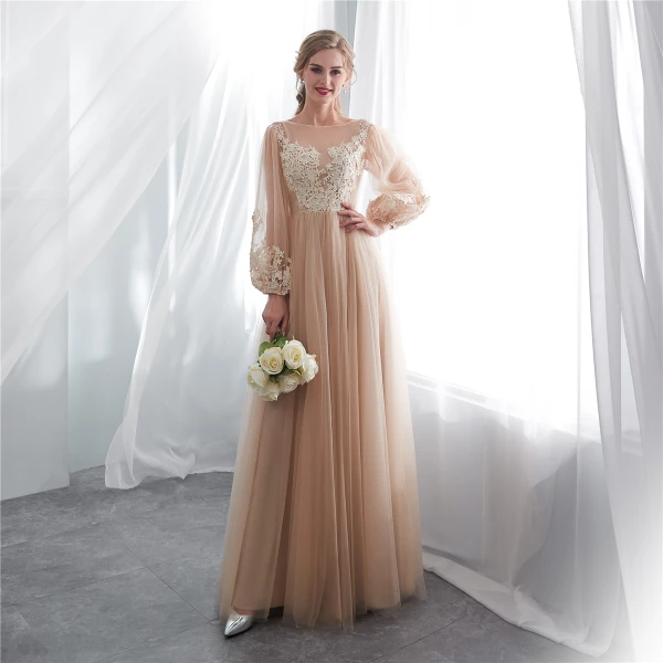 Élégant Champagne Transparentes Robe De Soirée 2018 Princesse Encolure Carrée Manches Longues Appliques En Dentelle Longue Volants Robe De Ceremonie