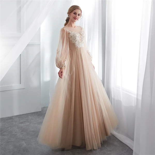 Élégant Champagne Transparentes Robe De Soirée 2018 Princesse Encolure Carrée Manches Longues Appliques En Dentelle Longue Volants Robe De Ceremonie