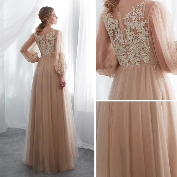 Élégant Champagne Transparentes Robe De Soirée 2018 Princesse Encolure Carrée Manches Longues Appliques En Dentelle Longue Volants Robe De Ceremonie