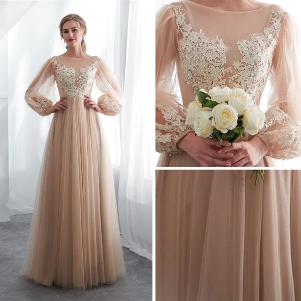 Élégant Champagne Transparentes Robe De Soirée 2018 Princesse Encolure Carrée Manches Longues Appliques En Dentelle Longue Volants Robe De Ceremonie