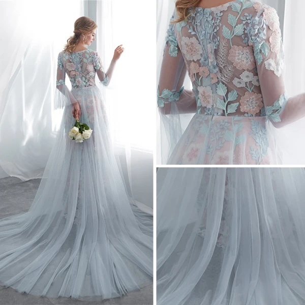 Illusion Himmelsblå Aftonklänningar 2018 Slida / Fit Urringning Långärmad Appliqués Pierced Spets Chapel Train Formella Klänningar