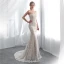 Chic / Belle Champagne Robe De Soirée 2018 Trompette / Sirène Bustier Sans Manches Appliques En Dentelle Tribunal Train Volants Dos Nu Robe De Ceremonie