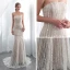 Chic / Belle Champagne Robe De Soirée 2018 Trompette / Sirène Bustier Sans Manches Appliques En Dentelle Tribunal Train Volants Dos Nu Robe De Ceremonie
